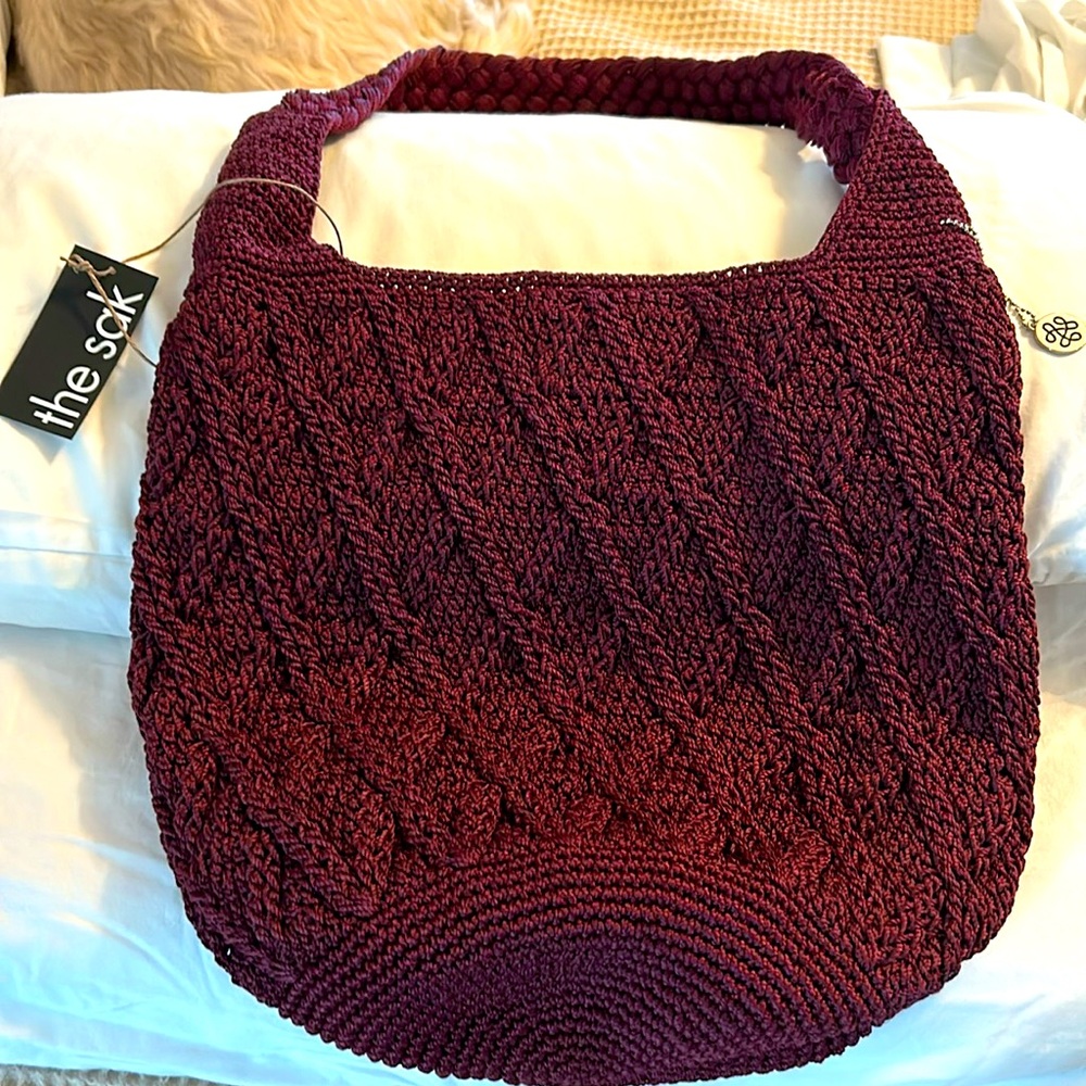 The Sak crocheted handbag. Beautiful cabernet color.